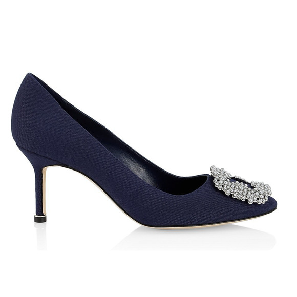 Manolo Blahnik Hangisi 70 Navy Blue Linen Pearl Jewel Buckle Low Heel Pump 39 - Picture 2 of 12